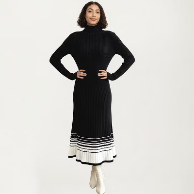 Anna-Kaci Women's Long Sleeve Ribbed Knit Midi Dress with Contrast Hem Stripe Fashion Design - Medium, Black | Target