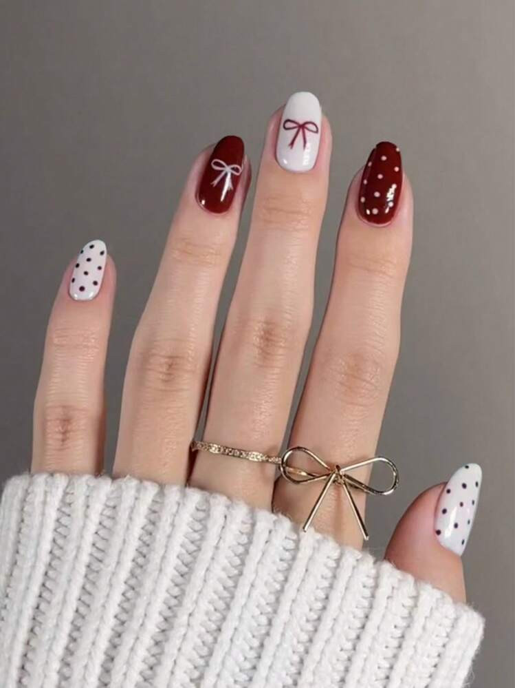 Elevate Your Style With, 24Pcs/Set Short Oval Bow And Polka Dot Nails Design French Tip Press On Nails Acrylic Short Nails Fit Perfectly False Nails ,Include: 1pc Jelly Glue And 1pc Nail File, Valentine Nails And Polka Dot Nails Make Your Fingertips Shine And Beautiful,Very Suitable For Woman Girl Daily Work & Rave Party Use | SHEIN