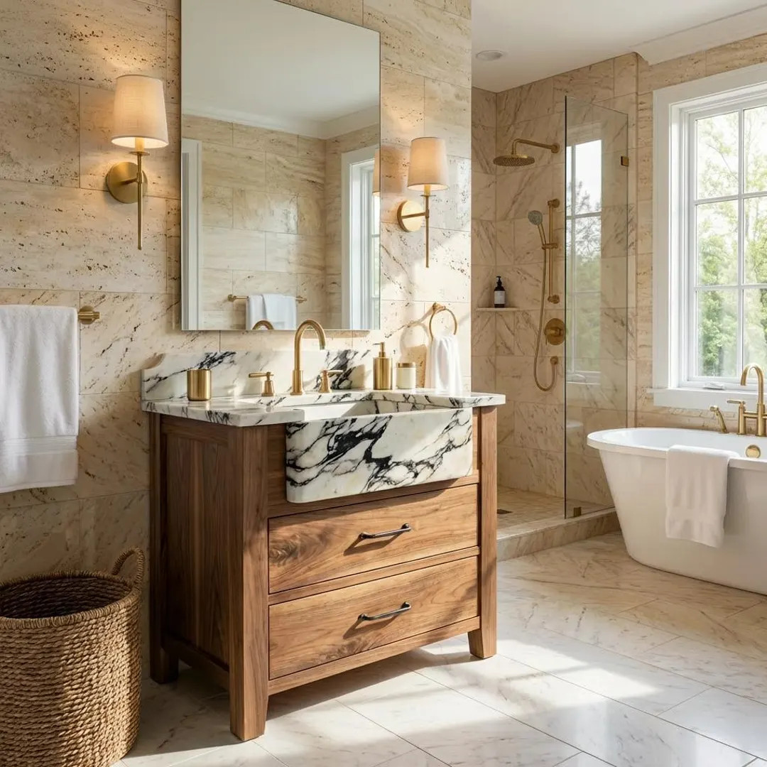 Marble Sink with Wood Vanity, Handmade Natural Stone Bathroom Vanity, Calacatta Marble Sink, Soli... | Etsy (US)