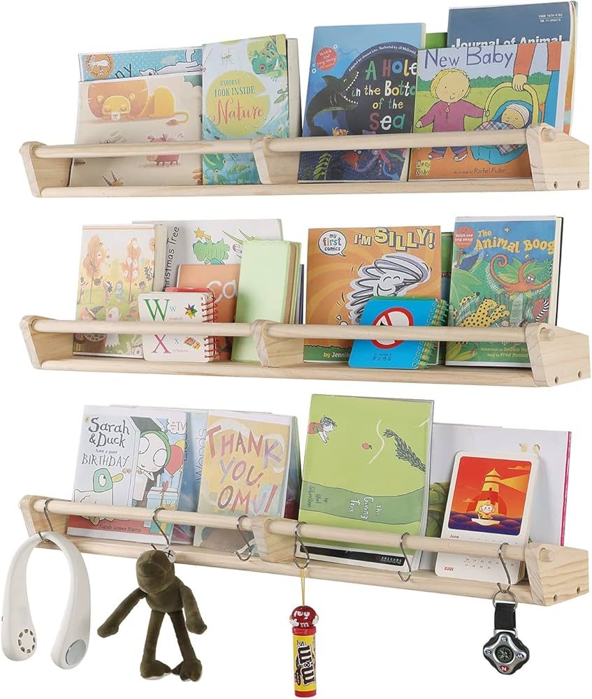 Nursery Bookshelves, 33inch,Set of 3,Floating Nursery Shelves with 6 S Hooks, Wooden Floating She... | Amazon (US)