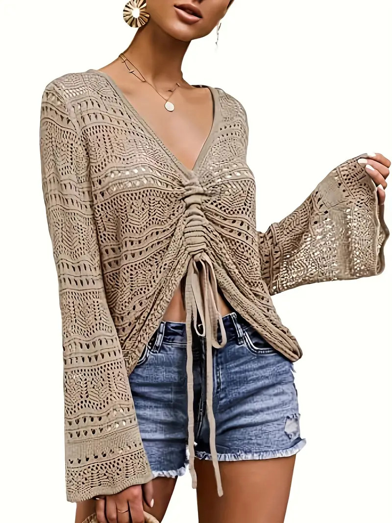Solid Flared Sleeve Knit Sweater Boho V Neck Drawstring - Temu | Temu Affiliate Program