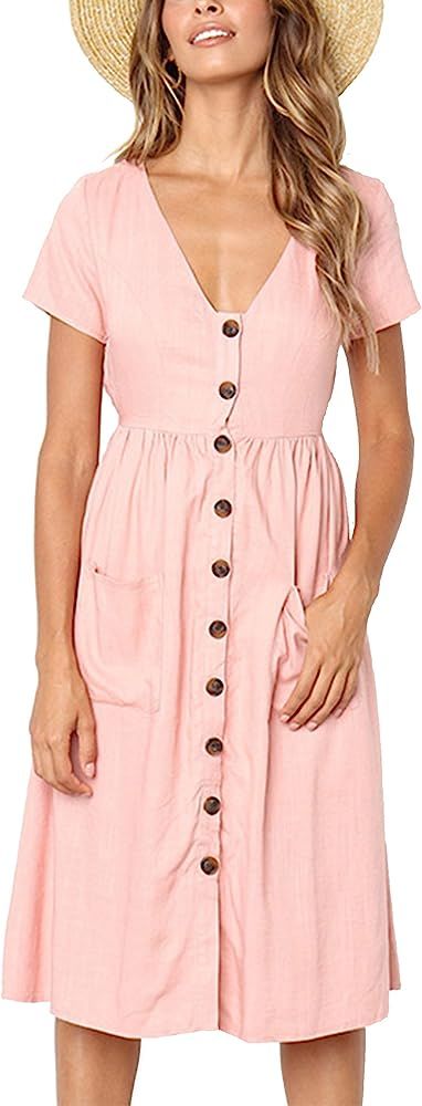 Women's Dresses-Short Sleeve V Neck Button Decoration T Shirt Midi Skater Dress with Pockets | Amazon (US)