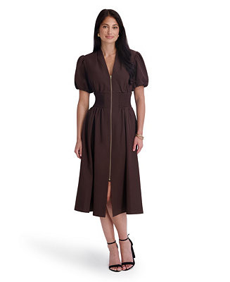Women's Puff-Sleeve Smocked-Waist A-Line Midi Dress | Macy's