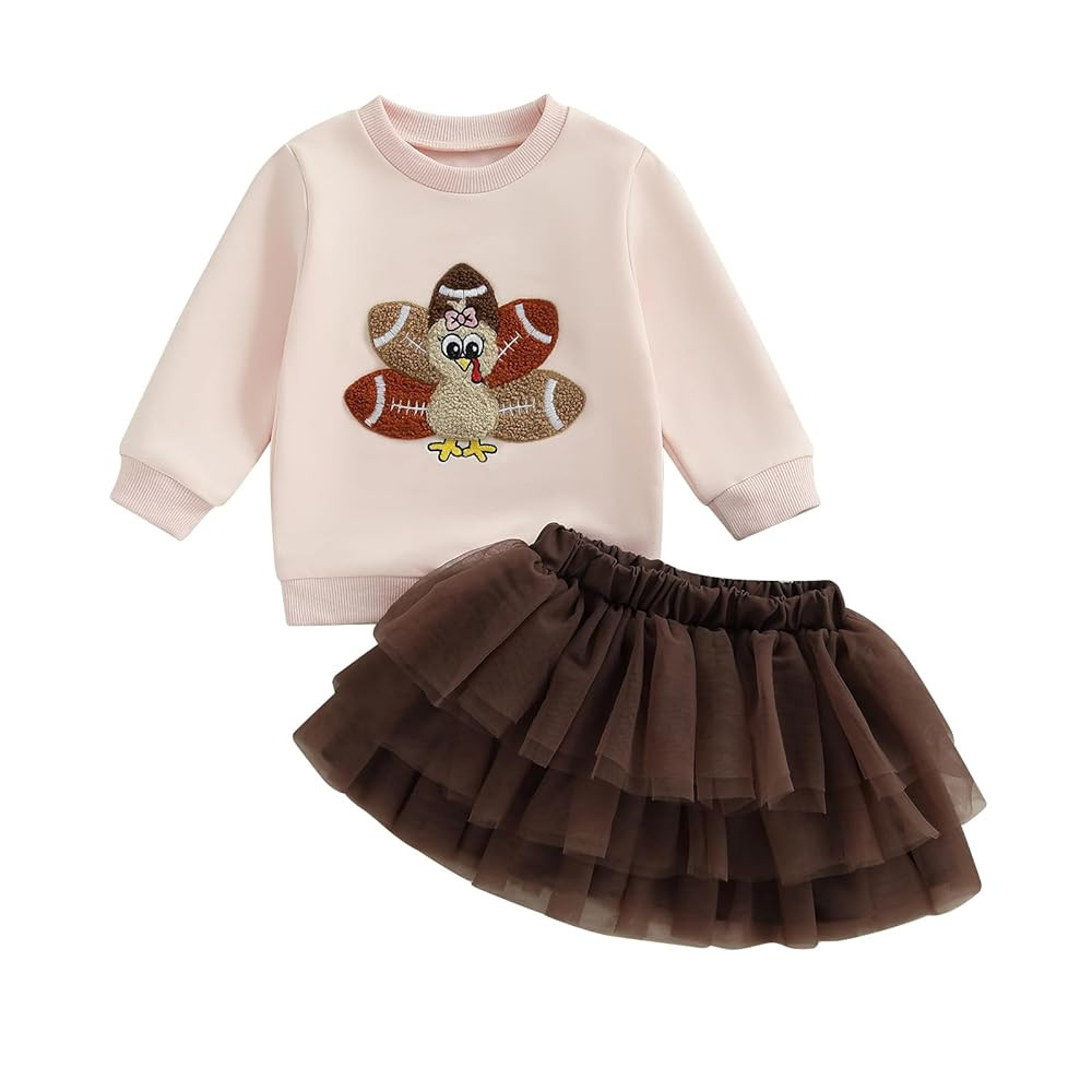 Karuedoo Toddler Baby Girl Thanksgiving Outfit Football Turkey Embroidery Crewneck Sweatshirt Top... | Amazon (US)