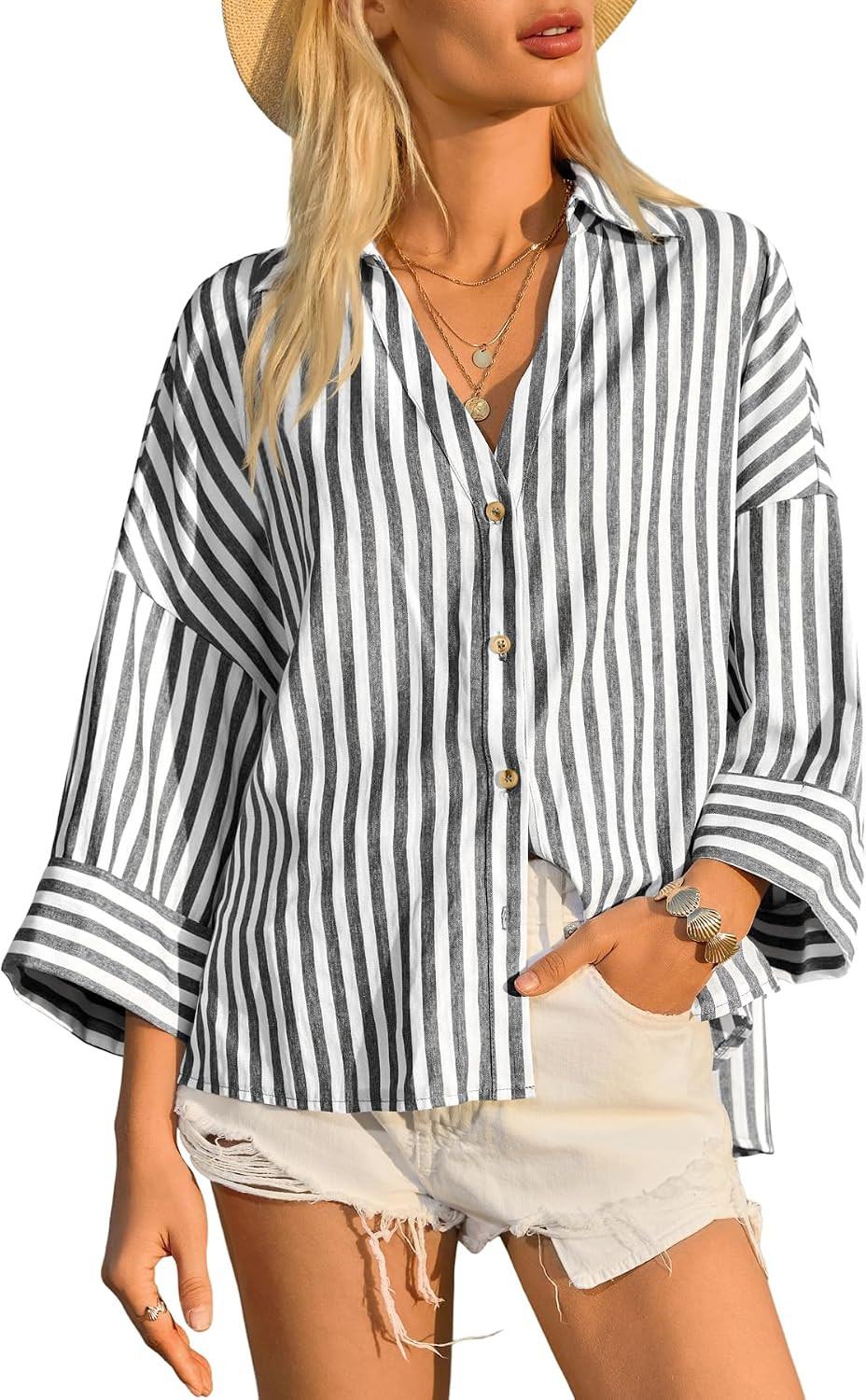 Cicy Bell Womens 3/4 Sleeve Striped V Neck Summer Tops Button Down Shirts | Amazon (US)