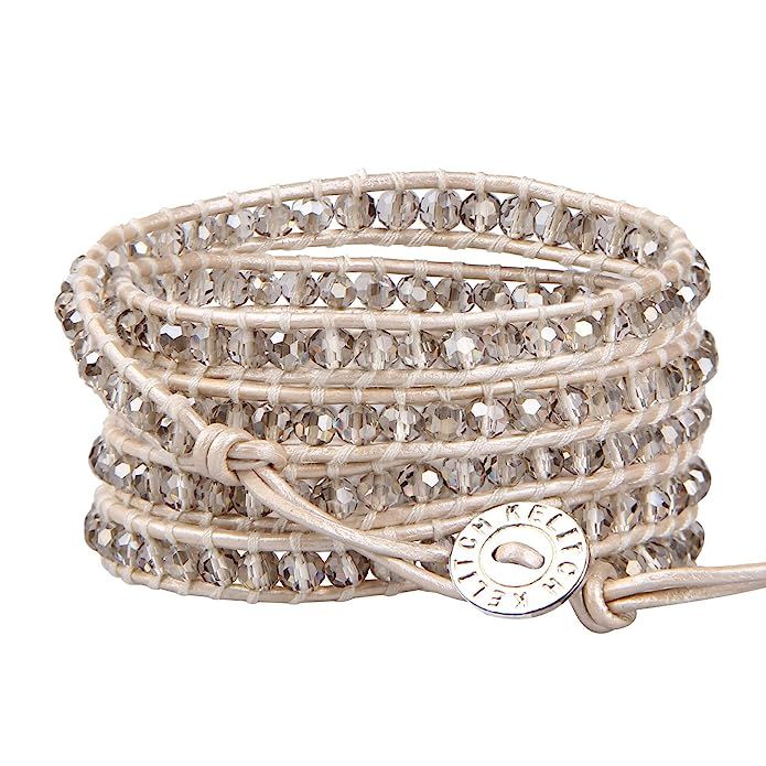 KELITCH Fashion Gray Crystal Beaded 5 Wrap Bracelet On Leather Chain New Jewelry | Amazon (US)