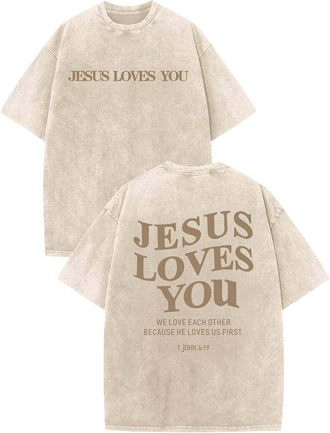 Christian Jesus Loves You Shirts for Men Religious Oversized Graphic Tees Jesus Faith Acid Wash T... | Amazon (US)