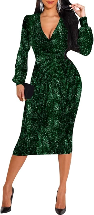 LalaLin Sexy Sparkly Dress for Women Long Sleeve Deep V Neck Bodycon Elegant Club Midi Dresses | Amazon (US)