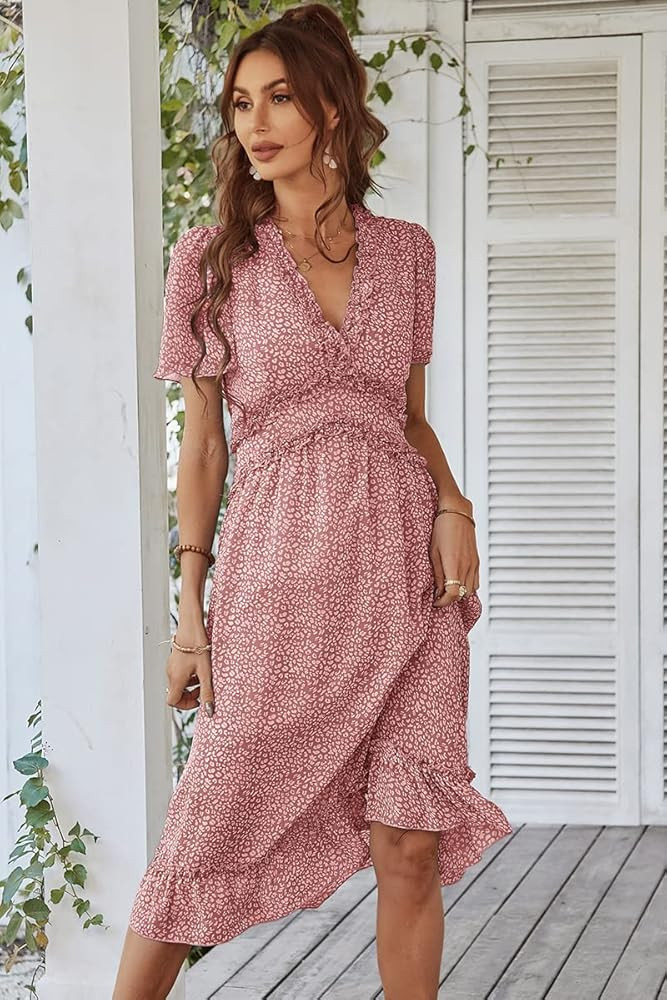 MOPOOGOSS Womens Fall Spring Summer Sexy V Neck Ruffle Long Sleeve Short Sleeve Floral Print A Line  | Amazon (US)