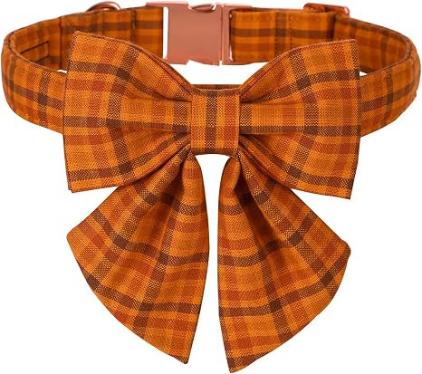 Maca Bates Fall Pumpkin Plaid Dog Collar with Sailor Bow Tie for Large Girl,Boy,Autumn Checkered ... | Amazon (US)
