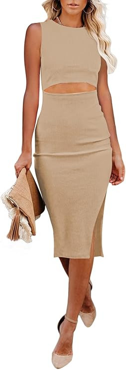 Pink Queen Women's Crew Neck Sleeveless Cutout Side Slit Knee Length Bodycon Midi Dress | Amazon (US)