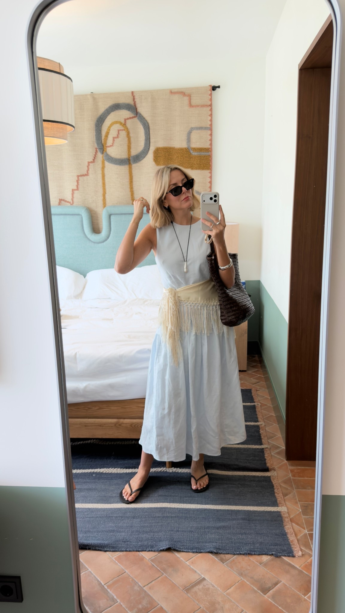 Spring outfit, fringed scarf, tassel scarf, woven bag, icy blue dress, spring dress 

#LTKSeasonal #LTKSpringSale #LTKootd