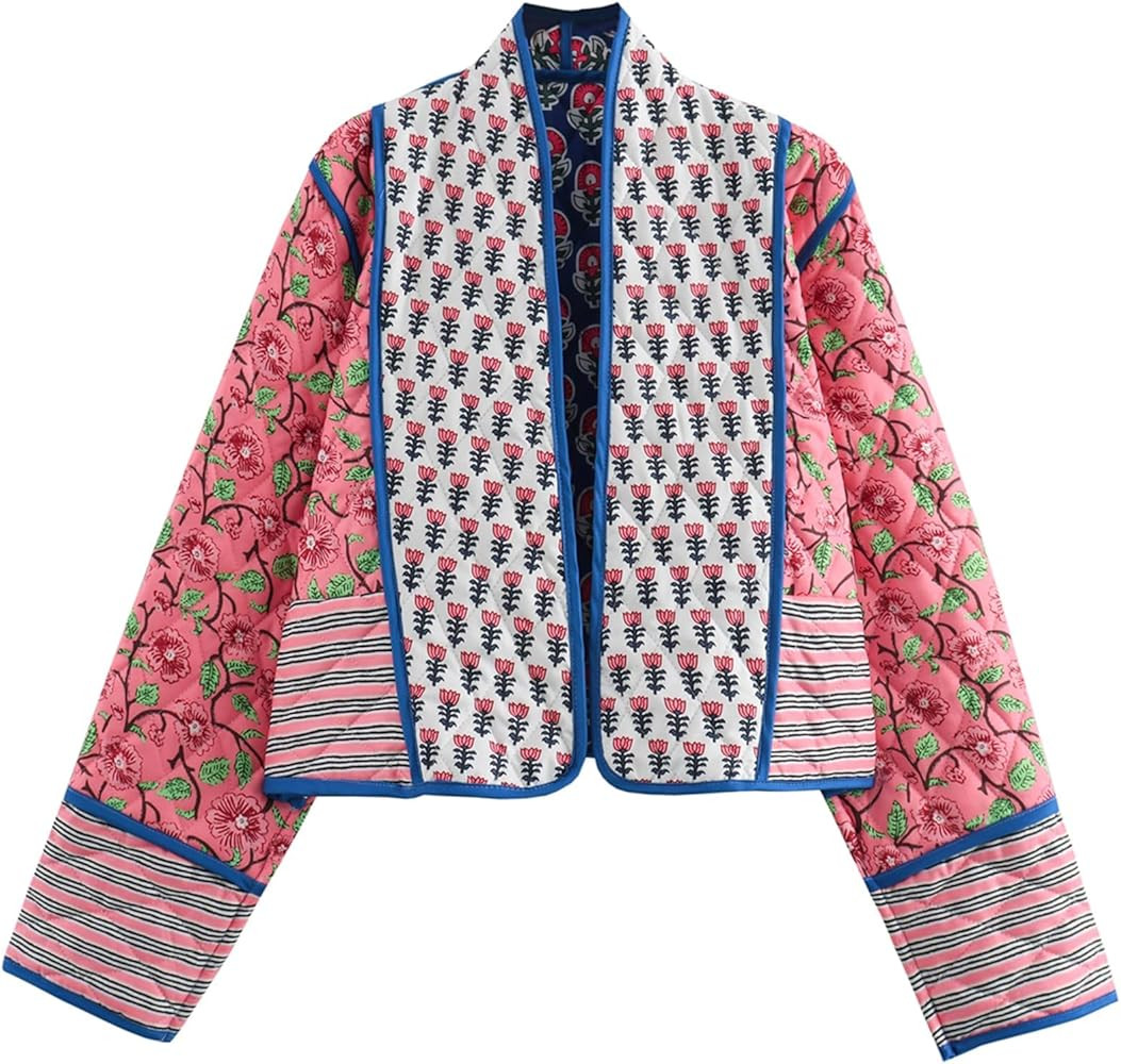 Omoone Women's Cropped Floral Quilted Jacket Cardigan Printed Lightweight Open Front Padded Puffe... | Amazon (US)