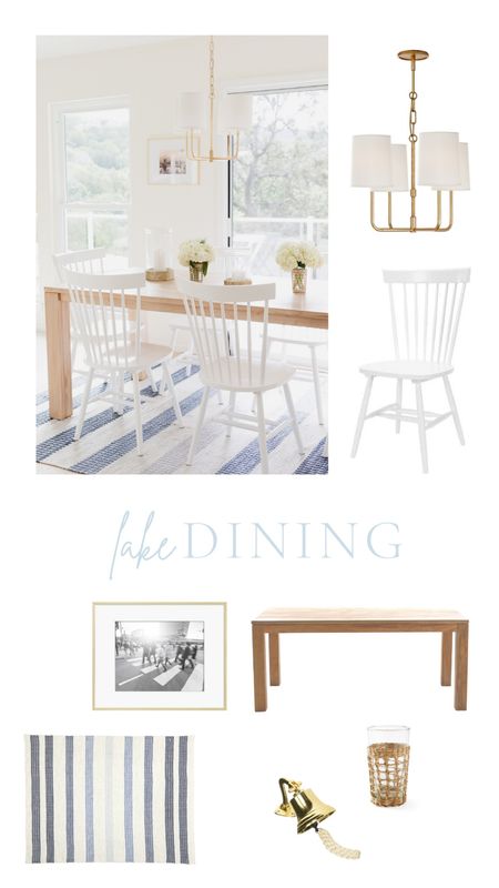 Lake house, Serena and Lily, coastal, beach, gold white lightning, white dining chair, framed black and white photo, wooden dining table, cane weave cup, blue striped rug, bell, dinner bell  

#LTKFind #LTKstyletip #LTKhome