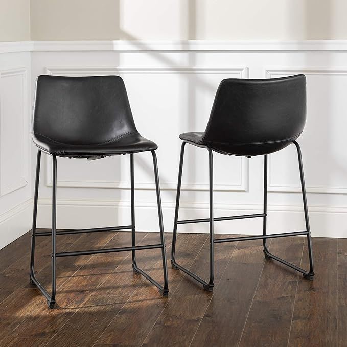 Walker Edison Douglas Urban Industrial Faux Leather Armless Counter Chairs, Set of 2, Black | Amazon (US)