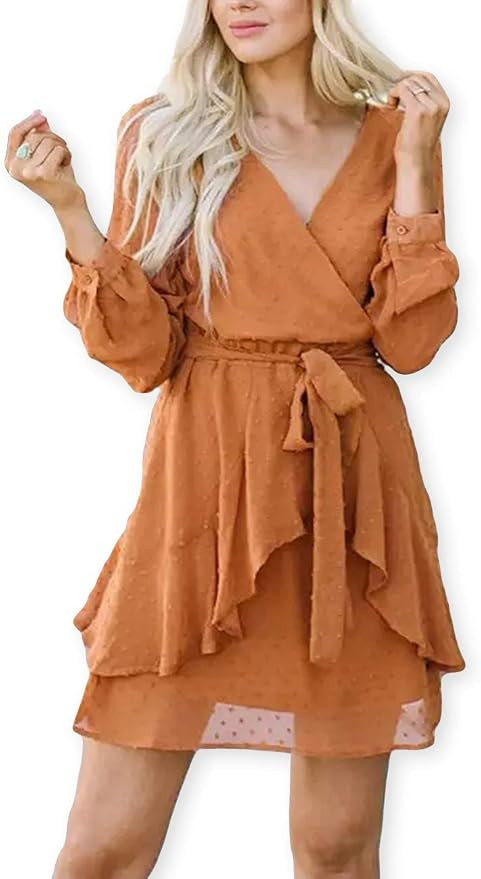 AOOKSMERY Women Cute V Neck Long Sleeve Mini Dresses Solid Polka Dot Swing Dress with Belt Side Z... | Amazon (US)