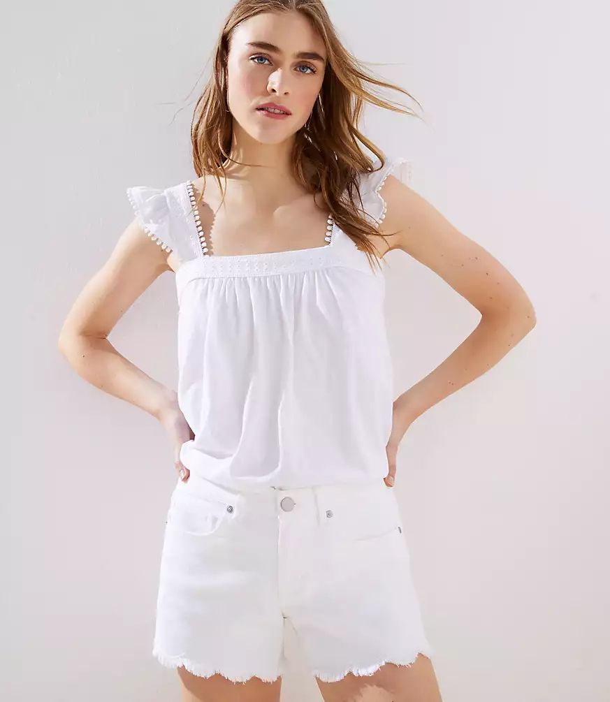 Scalloped Frayed Denim Shorts in White | LOFT
