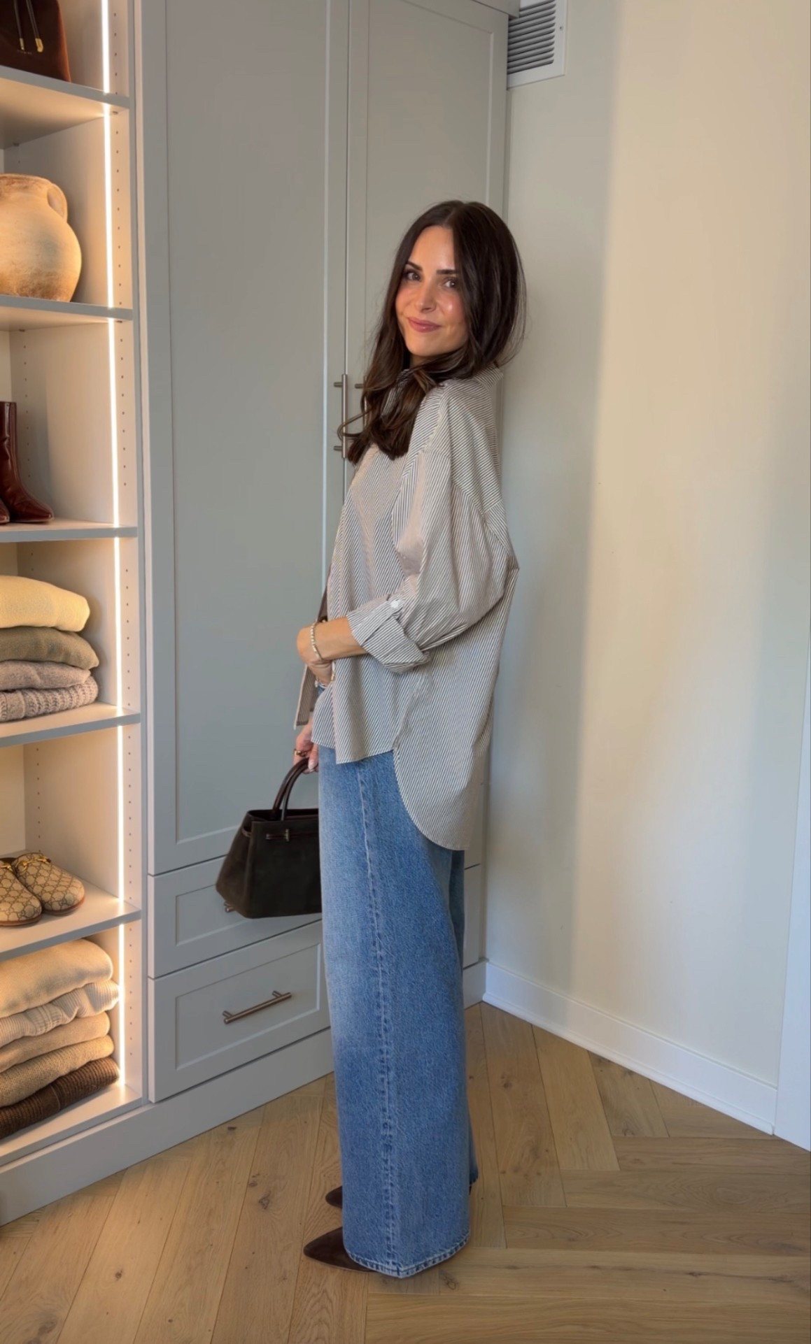 Pre spring outfit! This relaxed button up shirt is perfect. Wearing a S. 

True to size in wide leg jeans (26) I’m 5’7” 

#LTKSeasonal #LTKootd #LTKSaleAlert