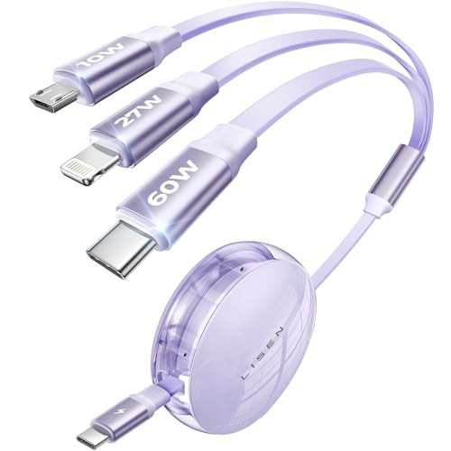 LISEN 60W/3.5A Multi Charging Cable, Retractable iPhone 16 Charger Cord with Type C/L/Micro USB Ports, Compact for Travel, Samsung, Kindle, Purple | Amazon (US)
