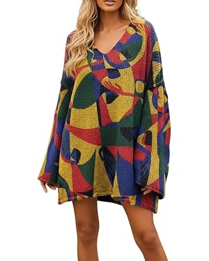 Sweaters for Women Oversized Casual Spring Fall Boho Floral Printed Sweater Vintange Long Sleeve ... | Amazon (US)