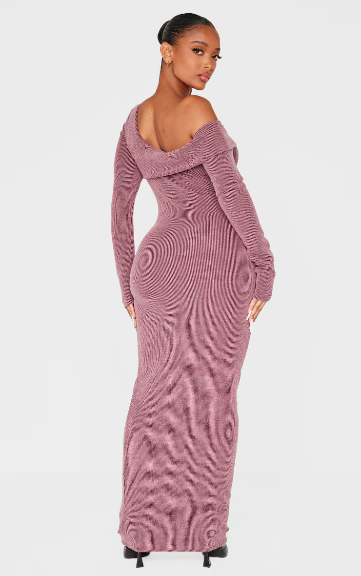 Shape Burgundy Brushed Rib Fold Over Off Shoulder Long Sleeve Maxi Dress | PrettyLittleThing US