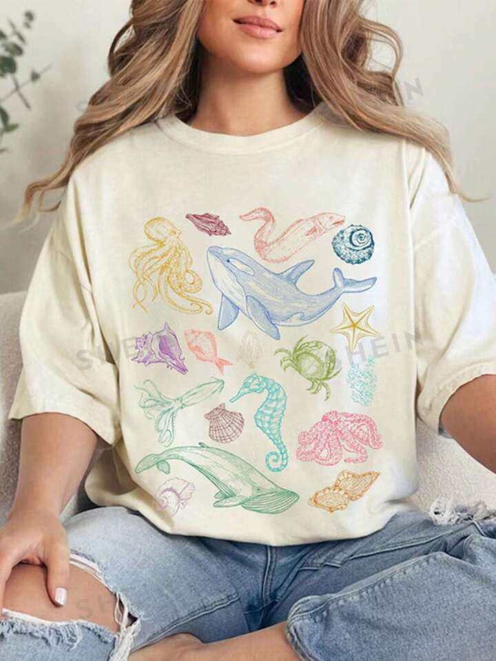 SHEIN EZwear Women's Summer Ocean Life Round Neck Printed T-Shirt | SHEIN