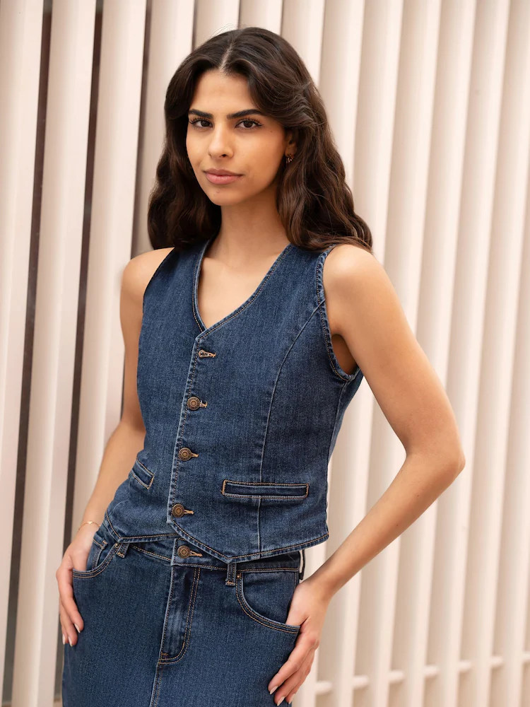 Yumi Blue Denim Stretch Waistcoat | Next EU