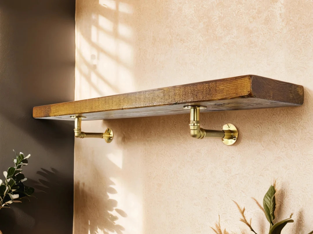 Handmade Reclaimed Wood Shelf With Solid Brass Pipe Brackets - Etsy Canada | Etsy (Global)