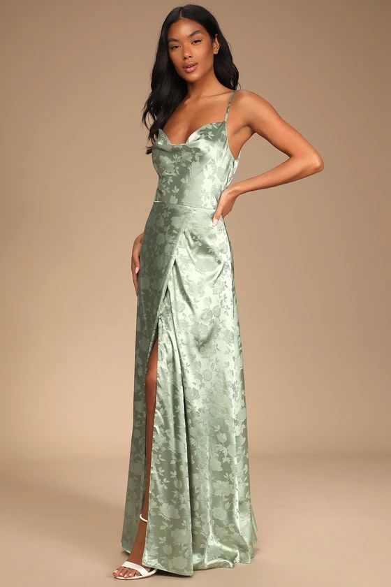 Simply Dreamy Sage Green Satin Floral Jacquard Maxi Dress | Lulus (US)
