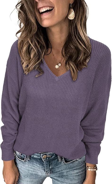 II ININ Women's Sweater Fall Fashion 2023 Trendy Casual V Neck Long Sleeve Knit Tops Loose Pullov... | Amazon (US)