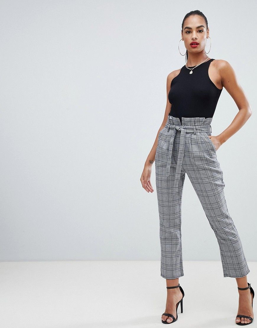 PrettyLittleThing paperbag PANTS in gray check - Gray | ASOS US