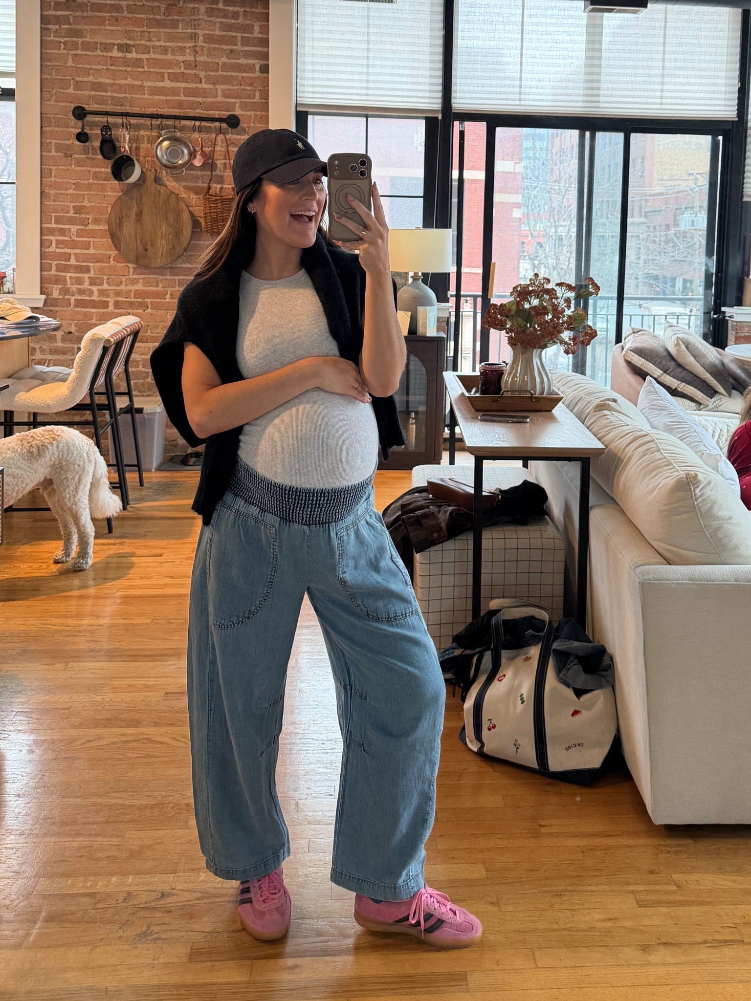 Saturday outfit featuring my new favorite pants from @Anthropologie !! Wish I had these my entire pregnancy they are SO stretchy. Wearing a small. Use code SHELBI20 for 20% off! Wearing a medium in the bra free tank 

#LTKdayinmylife #LTKSpringSale #LTKBump