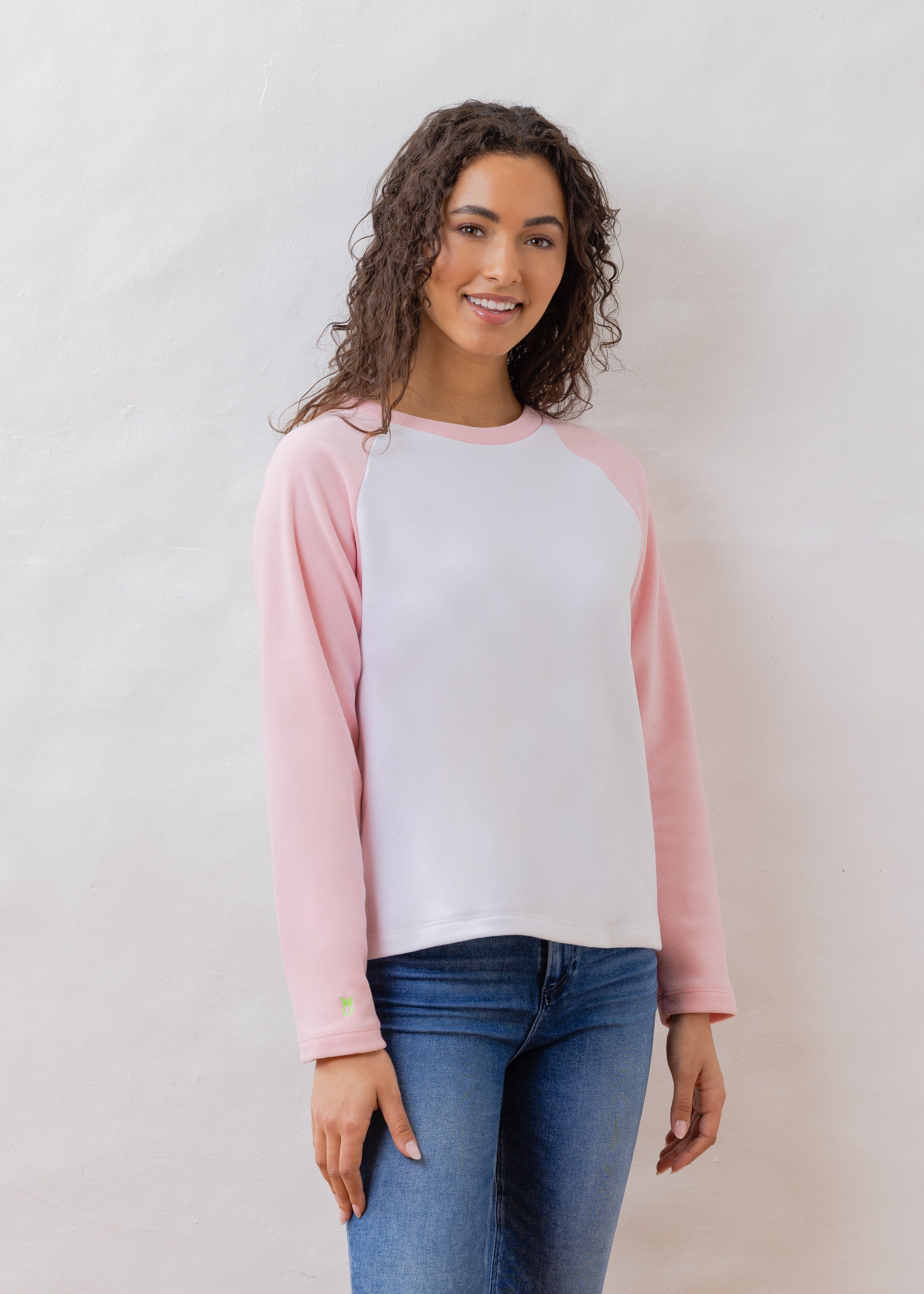 Cove Colorblock Crewneck in Terry Fleece (White / Pink) | Dudley Stephens