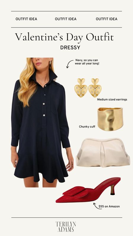 Date night outfit for Valentine’s Day. This navy dress with a collar can be worn year round, long after Valentine’s Day (just cuff the sleeves for the spring!). I would style with amazon heart earrings, a fun gold cuff, and red kitten heels. A neutral bag like this Amazon clutch would complete the look. 

#LTKSeasonal #LTKshoecrush