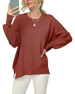 ANRABESS Women Crewneck Batwing Sleeve 2023 Fall Oversized Side Slit Ribbed Knit Pullover Sweater... | Amazon (US)
