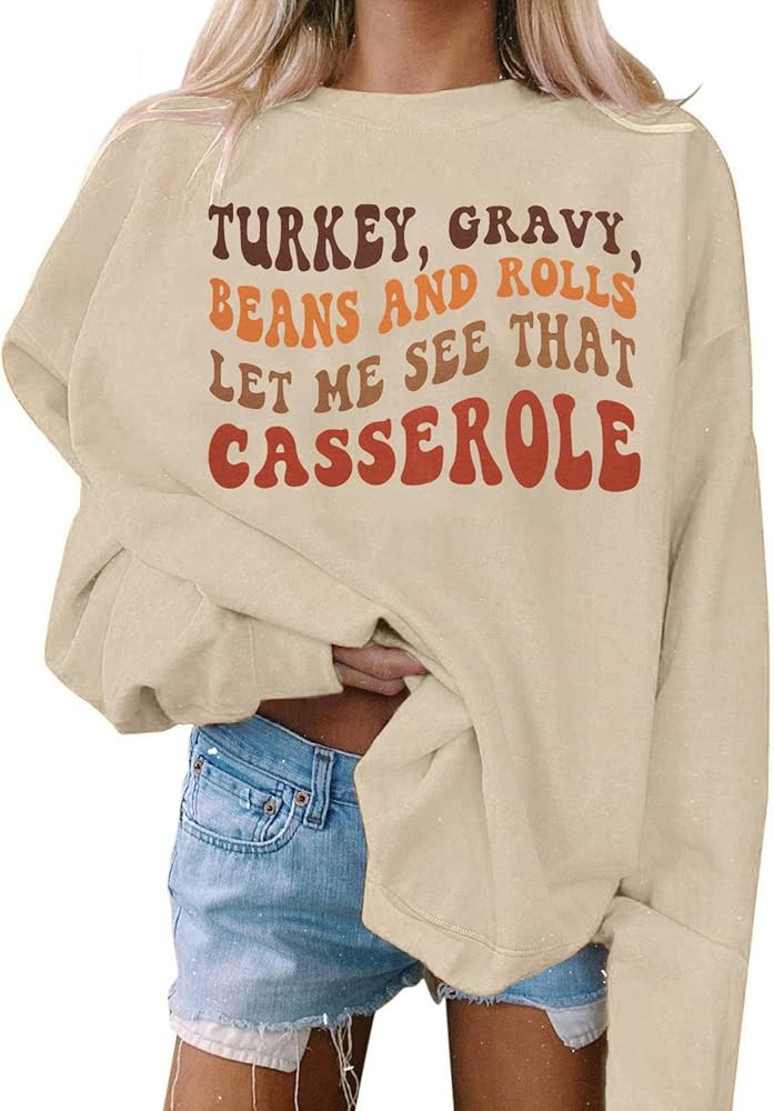 FAYALEQ Thanksgiving Sweatshirt Women Thankful Turkey Shirt Let Me See That Casserole Shirt Thank... | Amazon (US)