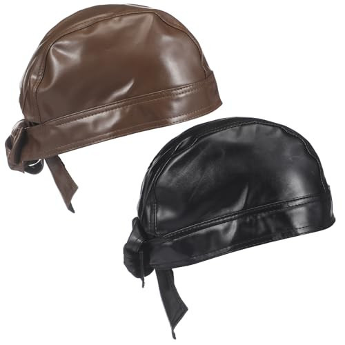 2 Pcs Leather Biker Skull Cap for Women Distressed Motorcycle Bandana Doo Rags Adjustable Skull Cap(Black,Brown,Simple) | Amazon (US)