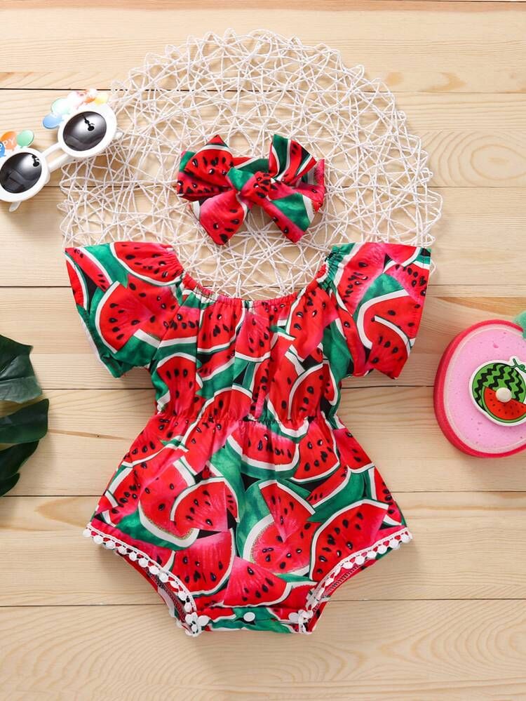 Baby Girl Watermelon Print Bodysuit With Headband | SHEIN