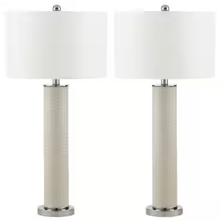 SAFAVIEH Ollie 31.5 in. Cream Faux Woven Leather Table Lamp with Off-White Shade (Set of 2) LIT44... | The Home Depot