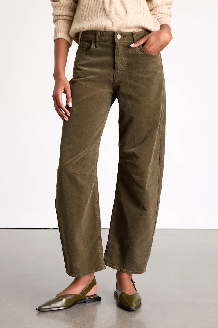 Darian Dark Olive Corduroy Low-Rise Barrel Pants | Lulus