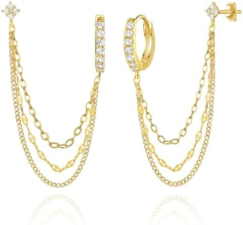 925 Sterling Silver Four Zircons Flower Stud Double Piercing Chain Earrings | Double Piercing Dan... | Amazon (US)