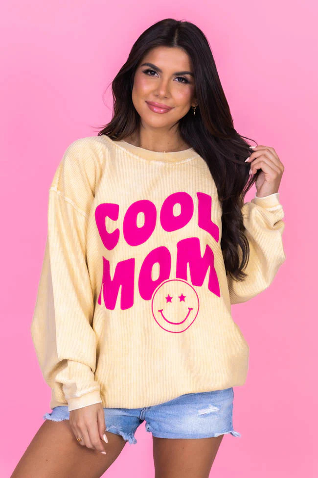 Smiley Cool Mom Gold Corded Graphic Sweatshirt | Pink Lily