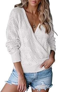 SYZRI Women's Wrap Deep V Neck Knit Sweater Top Floral Crochet Long Sleeve Pullover Jumper | Amazon (US)