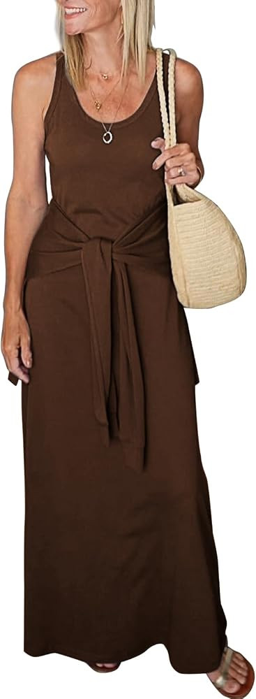 Women's Summer Maxi Tshirt Dress Tie Waist Casual Slim Fit Sleeveless Tank Long Beach Dresses | Amazon (US)