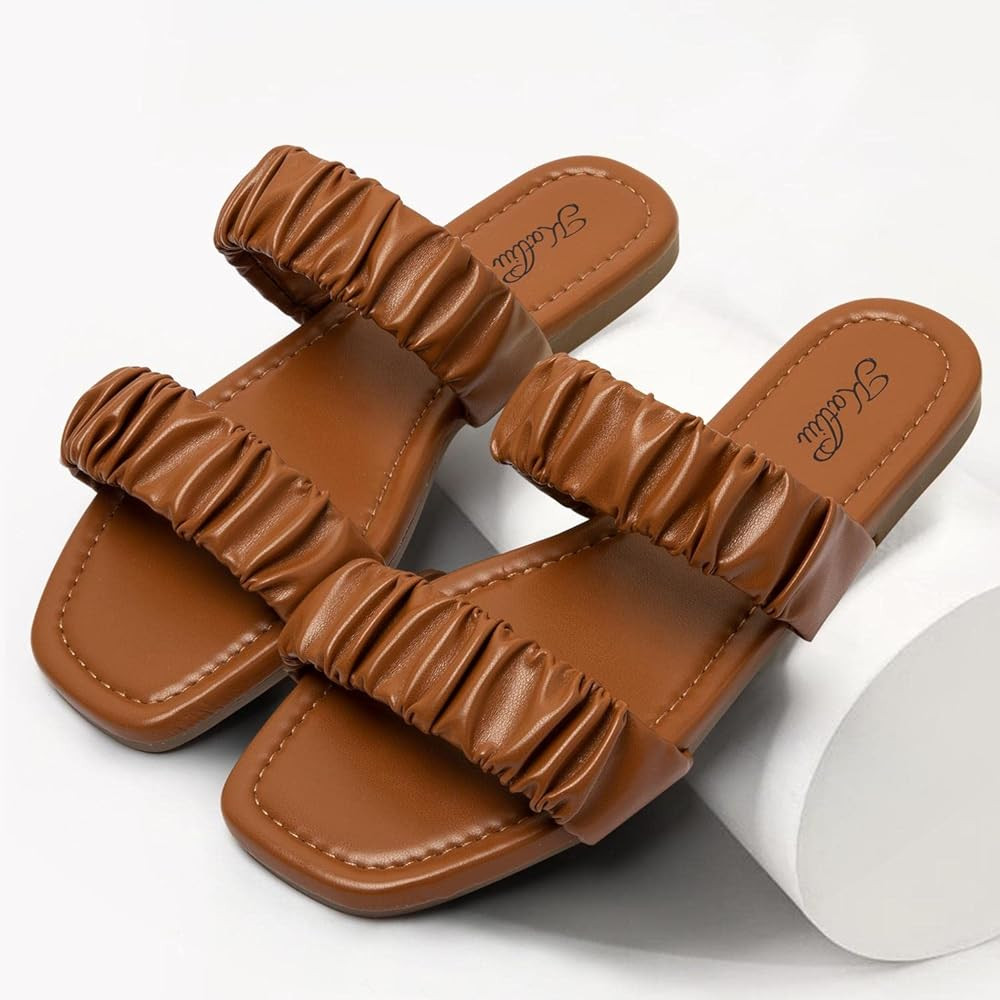 Katliu Women's Flat Sandals Square Open Toe Slide Sandals with Two Ruched Straps | Amazon (US)