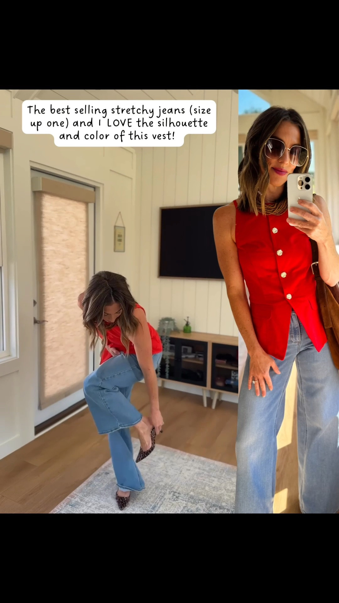 Vest fits TTS
Jeans: size up one