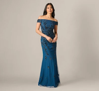 Off Shoulder Floral Beaded Stretch Crepe Mermaid Gown In Deep Blue | Adrianna Papell