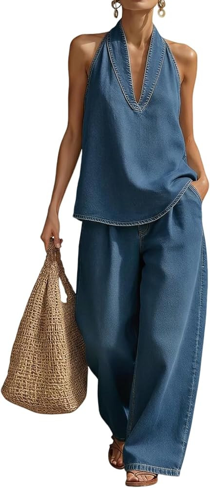 Women's 2 Piece Denim Outfits, Minimalist Halter Neck Top and High Waisted Wide Leg Pant Casual T... | Amazon (US)