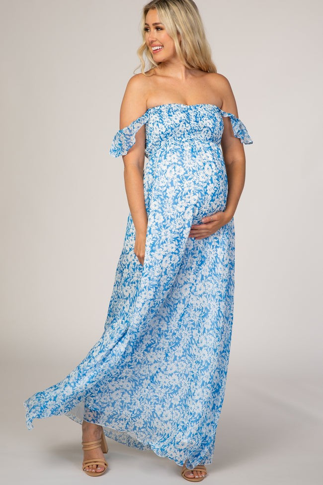 Blue Floral Flutter Sleeve Maternity Maxi Dress | PinkBlush Maternity