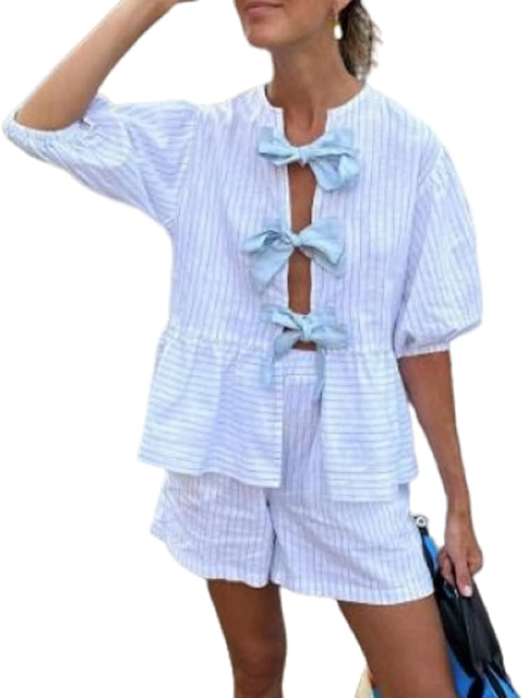 Striped Pajamas for Women 2 Piece Pj Set Short Sleeve Button Down Blouse Lounge Shorts Pajama Set... | Amazon (US)